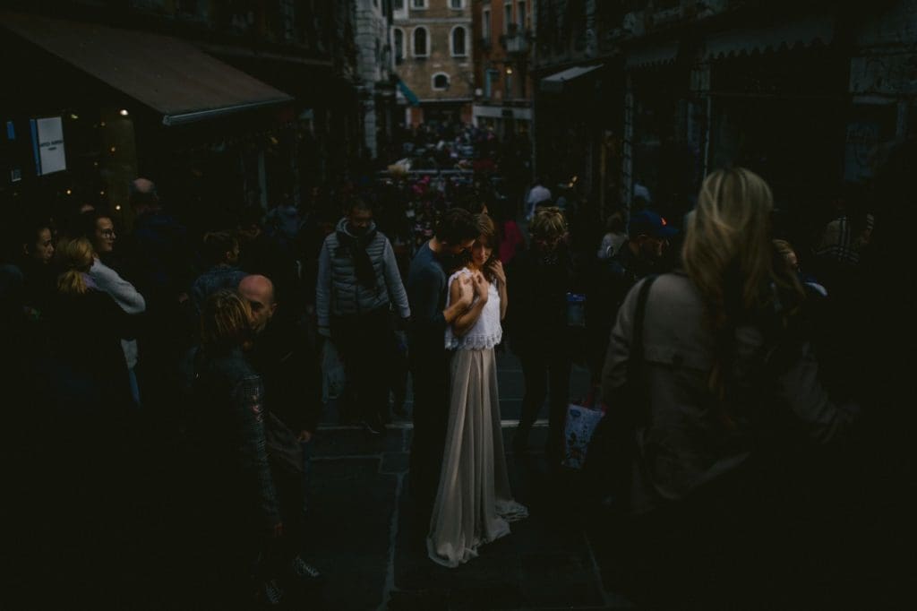The Rialto Bridge in Venice, Italy, was once full of lots of crowds and chaos.