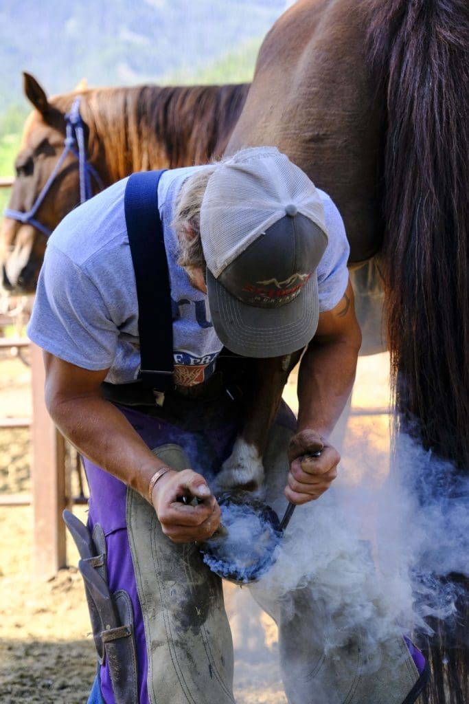 A ferrier fits a horseshoe to a horse using the hot shoe method, in Yellowstone National Park, photographed by Fujifilm Students of Storytelling winner Austin Kennedy. 