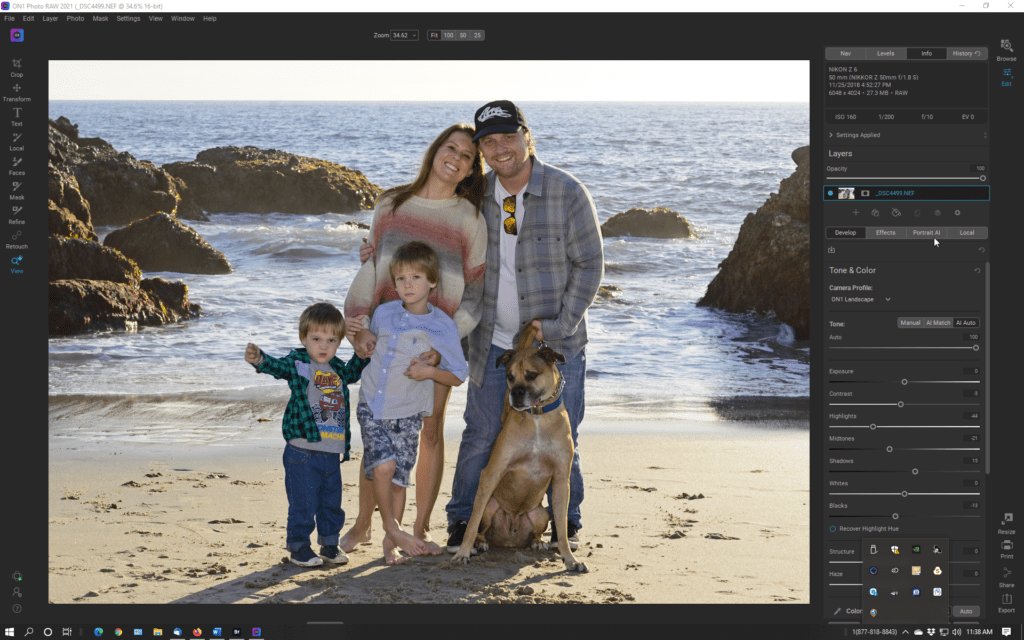 ON1 Photo RAW 2021 incorporates Portrait AI for adjustments on portraits like this family one on beach.