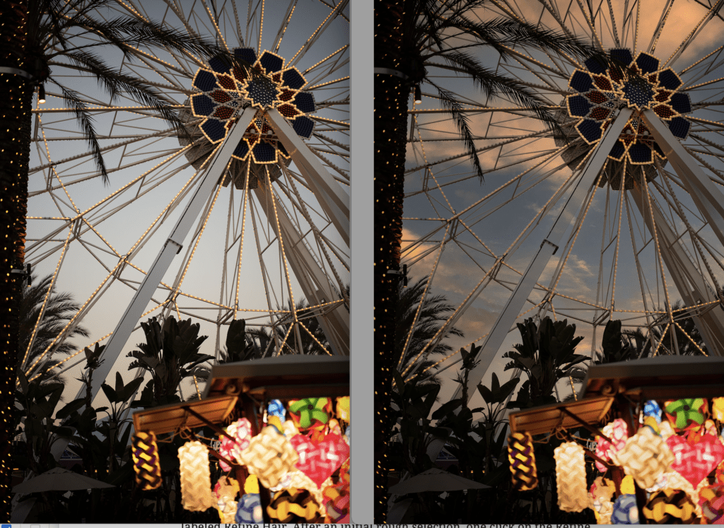 Before and After on the Sky replacement tool in Photoshop's drop-down menu.