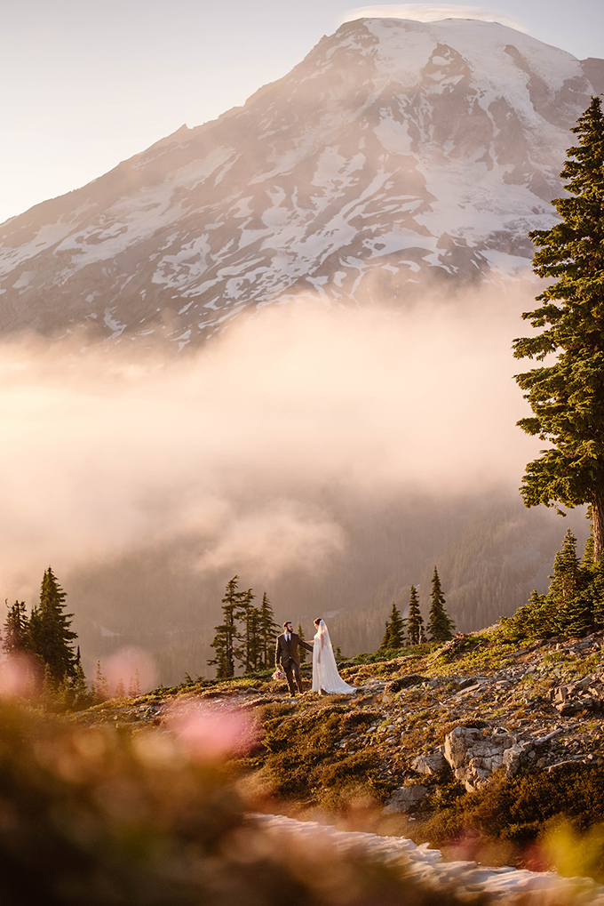 An elopement in Mt. Rainier included portrait of bride and groom.