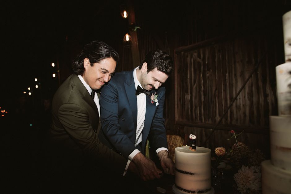 Two grooms cutting their wedding cake.