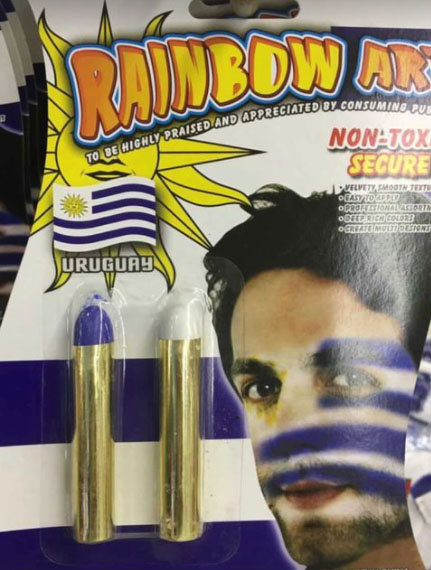 B.J. Novak's face with face paint for a product in Uruguay.