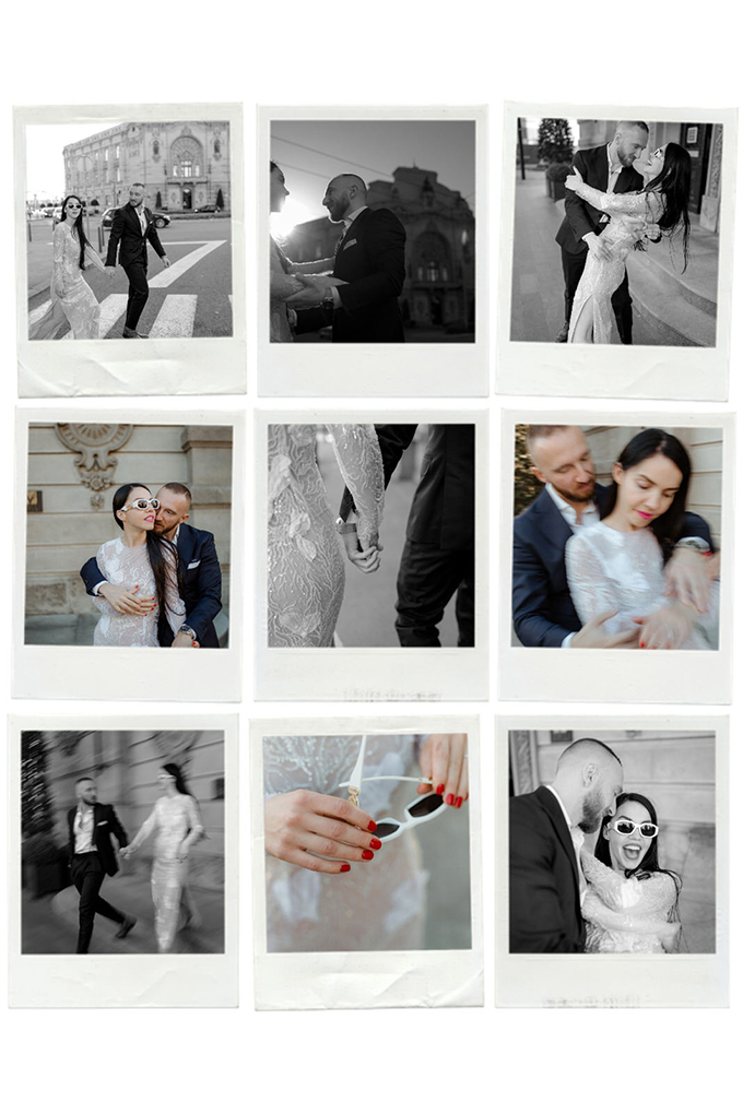 series of polaroid photos of bride and groom on wedding day