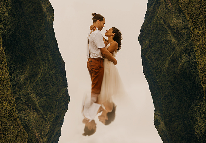 double exposure photo of bride and groom embracing outdoors in nature