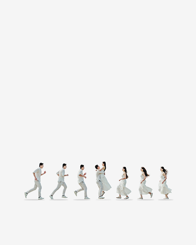 multiple exposure image of couple running toward each other minimalist photography technique