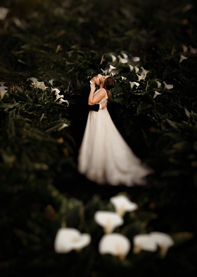 tilt-shift portrait of bride and groom embracing outdoors with flowers