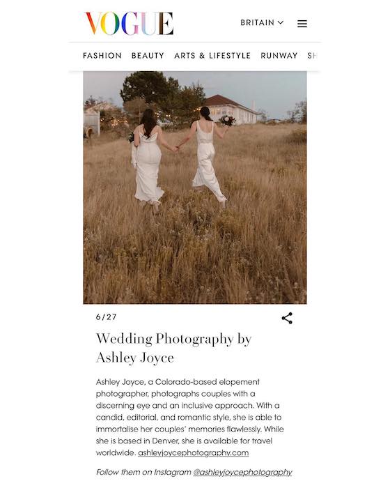 wedding photographer Ashley Joyce has this image of two brides in British Vogue's June issue.