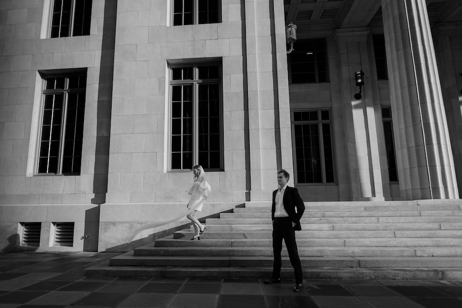 photo composition of wedding couple on steps.