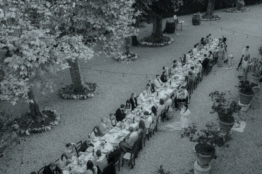 image of a wedding party seated at a long table outside.